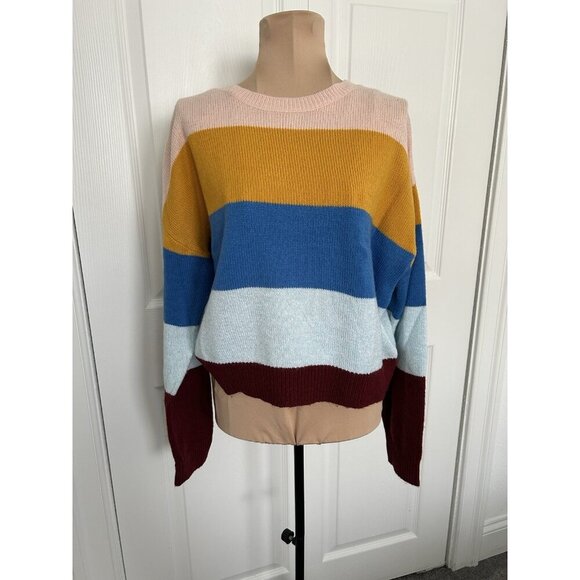 H&M Divided Womens Striped Knit Pink Gold Blue Burgundy Sweater CrewNeck Size S - Picture 1 of 8